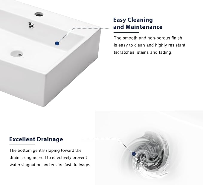 Sarlai Wall Mount Vessel Sink - 21 x 16 Inch Wall Mounted Bathroom Sink White Wall Hung Rectangle Porcelain Sink With Overflow Ceramic Basin Floating Lavatory Sinks