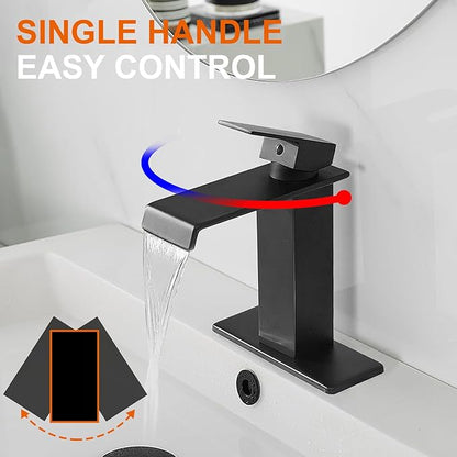 Black Waterfall Bathroom Faucet 1 Hole Deck Mount, Single Handle Bathroom Sink Faucet Modern Matte Black Lavatory Vanity Mixer Tap Commercial with Pop Up Drain