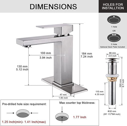 Brushed Nickel Bathroom Faucet, Single Hole Vanity Bath Faucet, Single Handle Modern Stainless Steel Bathroom Faucets for Sink 1 Hole with Pop Up Drain Stopper & Water Supply Hoses