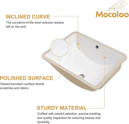 Mocoloo Undermount Bathroom Sink 18 x 14 Inch Rectangle Porcelain White Ceramic Bathroom Sink Deep Basin with Overflow Drain Under the Counter Rectangular Undermount Vanity Sink for Lavatory