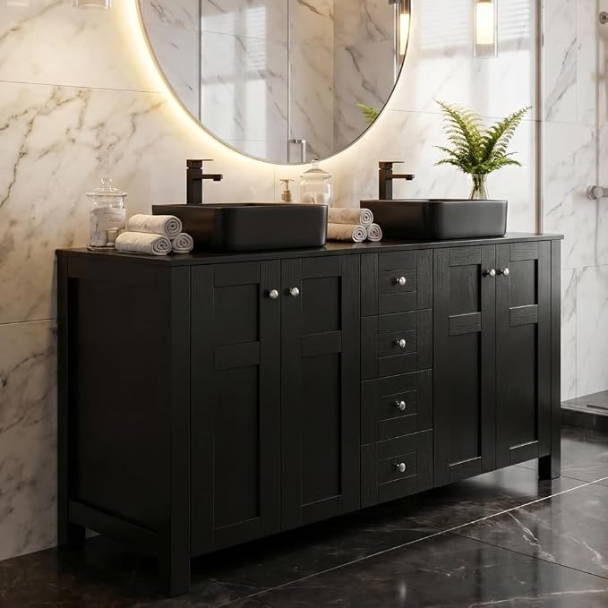 48'' Bathroom Vanity with Sink, Modern Bathroom Cabinet Black | 4 Soft-Close Cabinet Doors, 4 Drawers, 4-Tier Inner Shelf, Freestanding Large Storage Cabinet, Two Black Ceramic Vessel Sinks