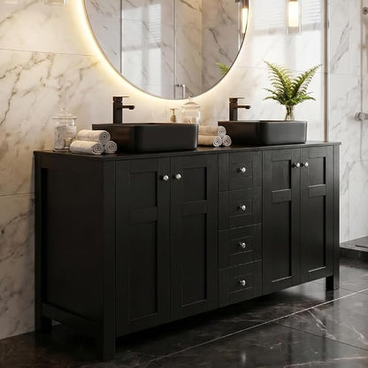 48'' Bathroom Vanity with Sink, Modern Bathroom Cabinet Black | 4 Soft-Close Cabinet Doors, 4 Drawers, 4-Tier Inner Shelf, Freestanding Large Storage Cabinet, Two Black Ceramic Vessel Sinks