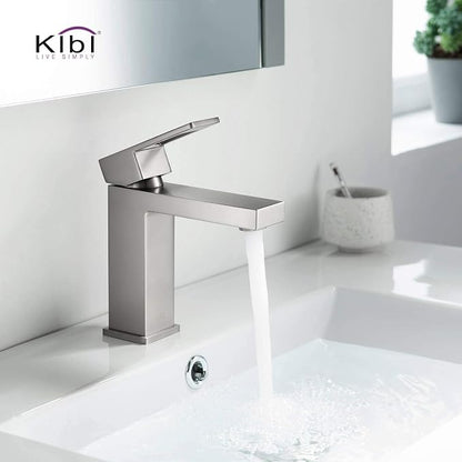 Solid Brass Single Handle Bathroom Sink Faucet with Pop-Up Drain, High Arc Cubic Spout Lavatory Faucet | Corrosion-Resistant, Modern Design, Easy to Install (Brushed Nickel, KBF1002)