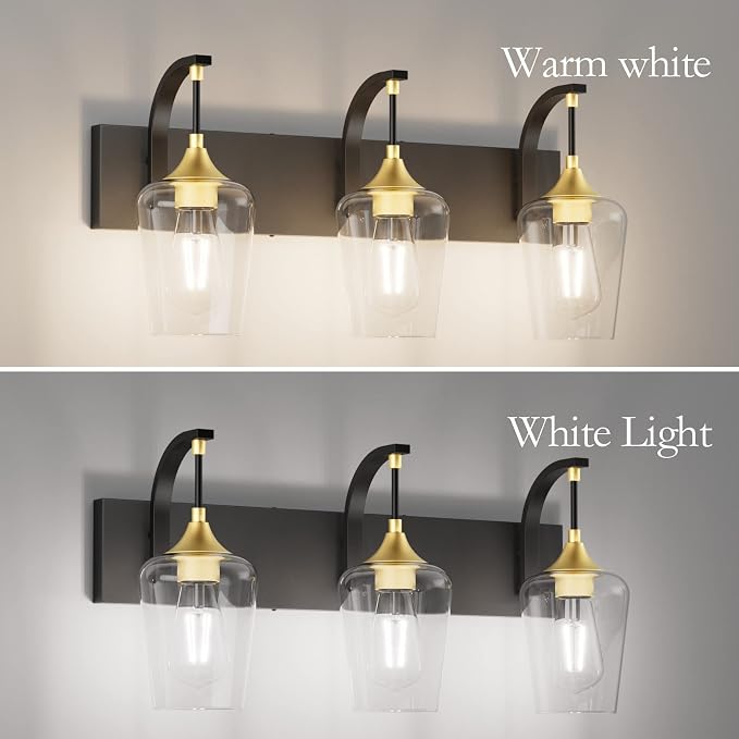 Ralbay Black/Gold Vanity Light Fixtures 3-Lights Industrial Black/Gold Bathroom Vanity Light with Clear Glass Vintage Edison Bathroom Wall Lighting Fixtures