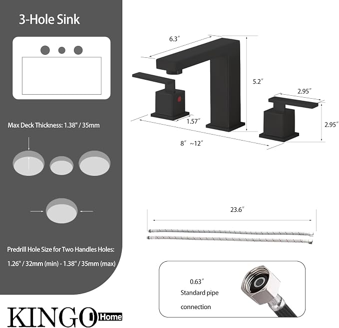 Matte Black Bathroom Faucet 3 Hole, Two Handle 8 Inch Widespread | Comes with Supply Lines & Pop-Up Drain, Easy Deck Mount, Square Shape, Fits Bathroom Vanity Sink, Powder Room & RV Sink