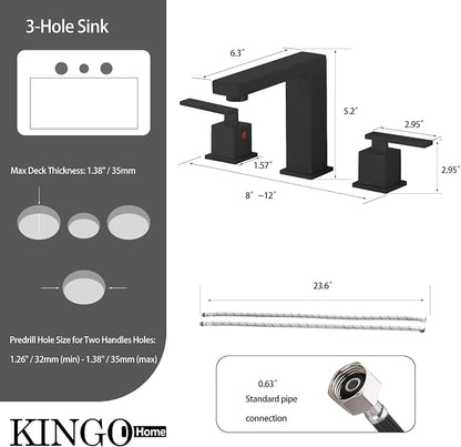 Matte Black Bathroom Faucet 3 Hole, Two Handle 8 Inch Widespread | Comes with Supply Lines & Pop-Up Drain, Easy Deck Mount, Square Shape, Fits Bathroom Vanity Sink, Powder Room & RV Sink