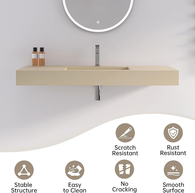 47"X19" Bathroom Sink with Single Faucet Hole, Stone Resin Wall-Mount or Countertop Vessel Sink, Rectangle Solid Surface Floating Sink with Mounting Screws, Latte Color