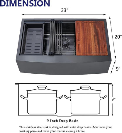 VAPSINT 33 Inch Black Farmhouse Kitchen Sink, 33x20x9 Inches Stainless Steel Undermount 16 Gauge Deep Single Bowl Apron Front Workstation Ledge Farm Sink with Accessories