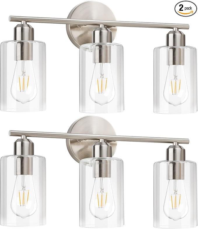 Brushed Nickel Vanity Lights - 3-Light Modern Bathroom Lighting Fixtures with Clear Glass Shade - Wall Sconce for Hallway - 2Pack