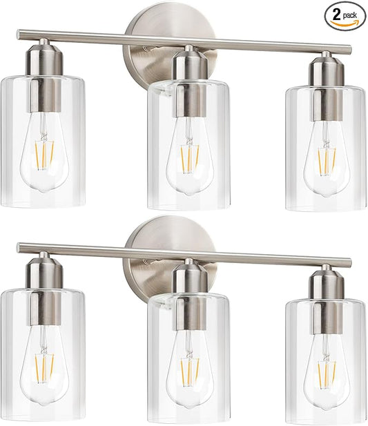 Brushed Nickel Vanity Lights - 3-Light Modern Bathroom Lighting Fixtures with Clear Glass Shade - Wall Sconce for Hallway - 2Pack