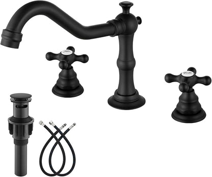 gotonovo Bathroom Faucet 3 Hole 8 Inch Widespread Bathroom Sink Faucet 2 Cross Handles Vintage Lavatory Vanity Mixer Tap with Pop Up Drain, Round Font Label, Matte Black
