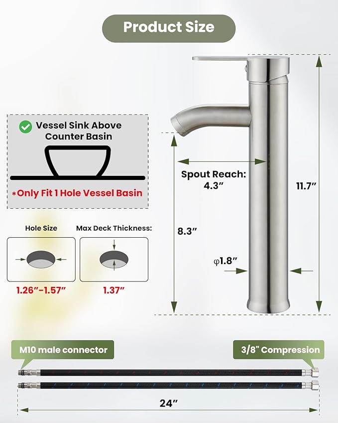 gotonovo Vessel Sink Faucet Modern Tall Bathroom Faucet Single Handle One Hole Stainless Steel Vanity Lavatory Rv Bowl Basin Mixer Tap with Supply Lines and Metal Pop Up Drain, Brushed Nickel