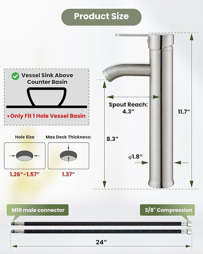 gotonovo Vessel Sink Faucet Modern Tall Bathroom Faucet Single Handle One Hole Stainless Steel Vanity Lavatory Rv Bowl Basin Mixer Tap with Supply Lines and Metal Pop Up Drain, Brushed Nickel