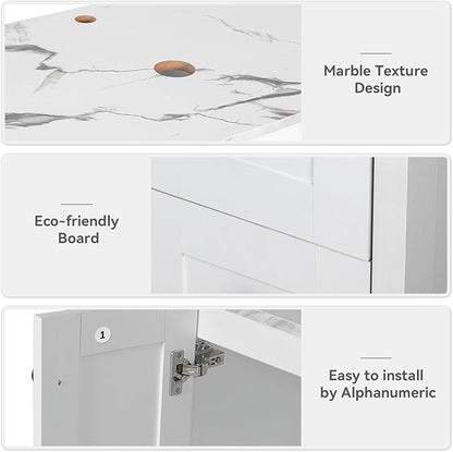 32" White Bathroom Vanity with Engineered Wood Marble Texture Top and 4 Drawers, Modern Standing Pedestal Cabinet with Blue Boat Glass Vessel Sink