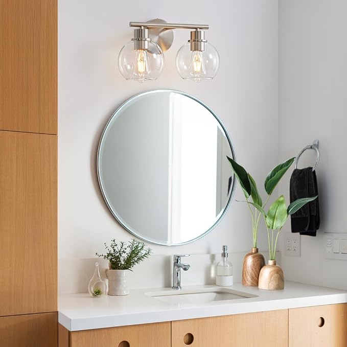 Bathroom Light Fixtures Over Mirror 2-Lights Bathroom Vanity Light with Clear Glass Shade 13.4 inch Modern Brushed Nickel Vanity Light Wall Sconce Vanity Light Bathroom Light for Bath, L1746