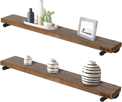 TEN49 Real Wood Rustic Floating Shelves Wall - 36 Wide Small Wooden Industrial Pipe Shelving - Farmhouse Pipe Wall Shelves Furniture Bathroom Decor Art Shelf Kitchen - Dark Espresso Color - Set of 2