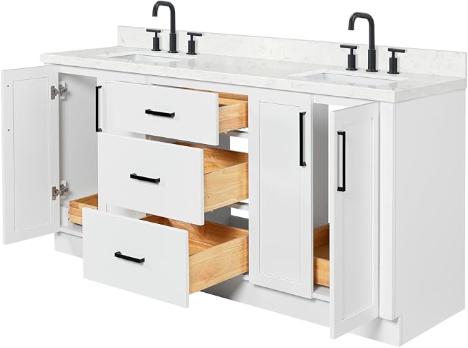 ARIEL Loren 72-inch Bathroom Vanity with Sink,Solid Wood, 1.5-inch Carrara White Quartz Countertop, Double Rectangular Porcelain Sink, 4 Soft Closing Doors, 3 Dovetail Drawers, White