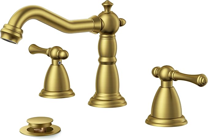 FORIOUS Brushed Gold Bathroom Sink Faucets 3 Hole, 2 Handle Widespread Gold Faucet for Bathroom Sink with Pop-Up Drain and Water Supplies for Commercial Vanity Lavatory Restroom Farmhouse