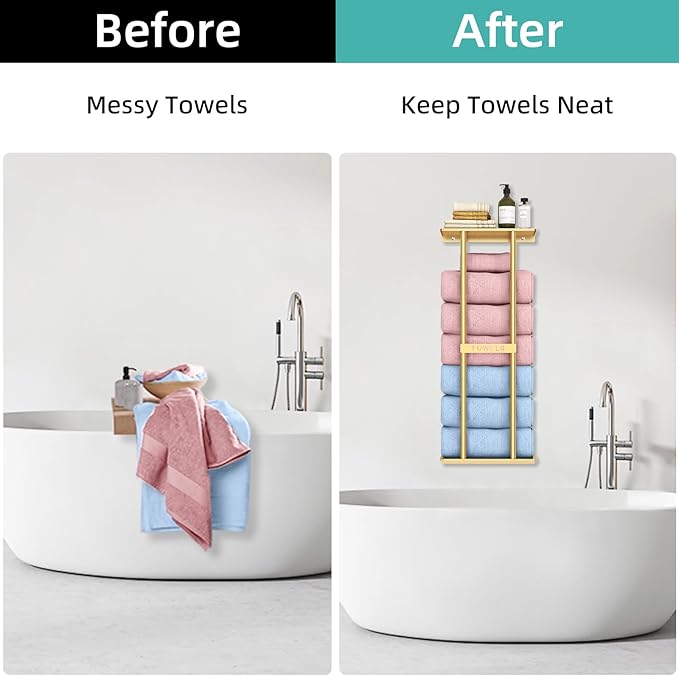 Bathroom Towel Storage Rack for Bathroom, 30 inch Towel Racks Wall Mounted with Shelf Can Holds 6 Large Towels, Wall Towel Rack for Rolled Towels, Gold