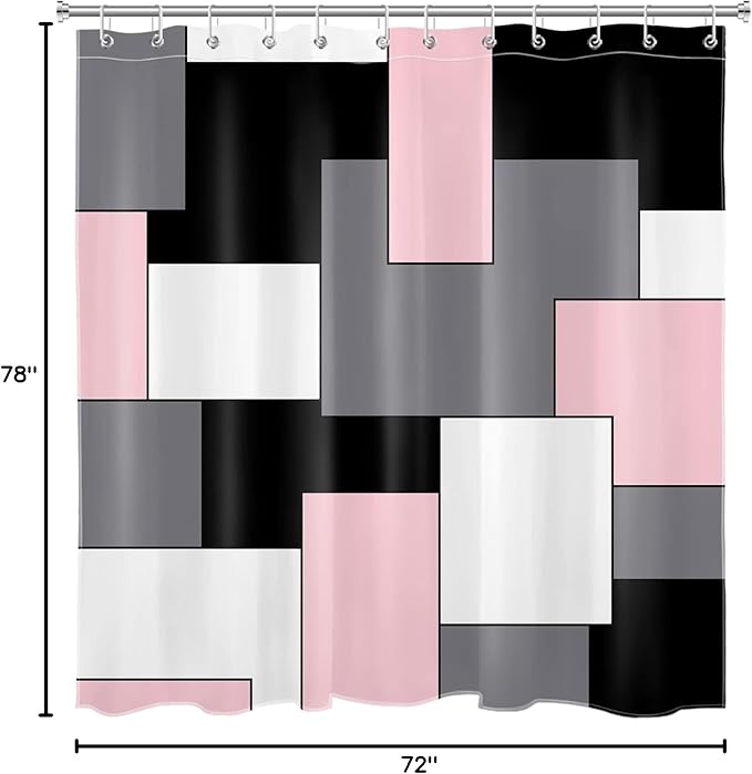 HVEST Modern Pink Shower Curtain with Hooks, Grey Black and White Abstract Geometric Shower Curtain for Bathroom, Mid Century Minimalist Shower Curtain Set Bathroom Decor Curtains, 72x78 inch