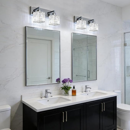 Brushed Chrome Crystal Bathroom Vanity Light, 2-Light Modern Bathroom Lighting Fixtures Over Mirror,Chrome Wall Sconce Light Fixtures with Square Shade