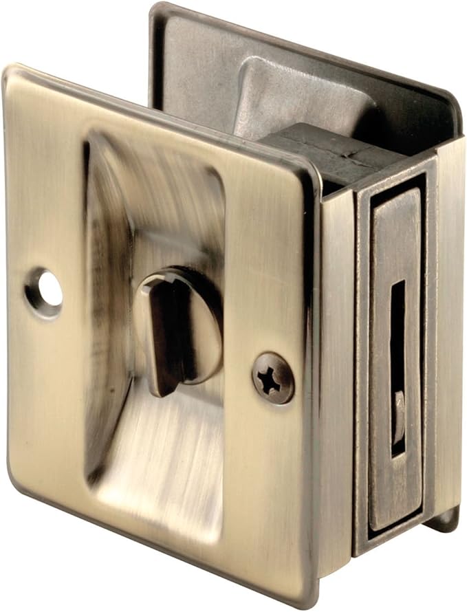 Prime-Line N 6774 Pocket Door Privacy Lock with Pull - Replace Old or Damaged Pocket Door Locks Quickly and Easily – Antique Brass (Single Pack)