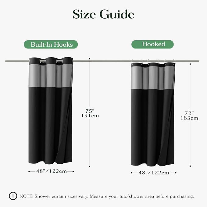 Black Hook Free Waffle Shower Curtain & Snap-in Fabric Liner,48x75 | Less Time to install, 3 in 1 Fabric Shower Curtain and Liner Set with Magnets, Stall, Shower Curtains for Bathroom