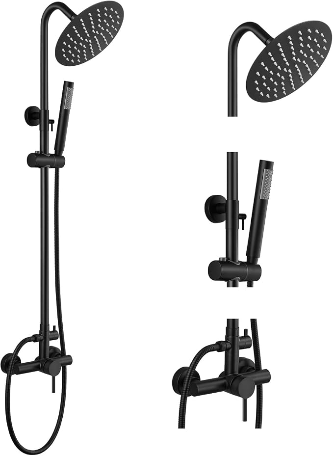 gotonovo 304 Stainless Steel Outdoor Shower Fixtures Exposed,Matte Black | 8 Inch Rain Showerhead with Handheld Sprayer Outdoor Outside Shower Kit System Faucet Head Valve Wall Mount for Pool Backyard