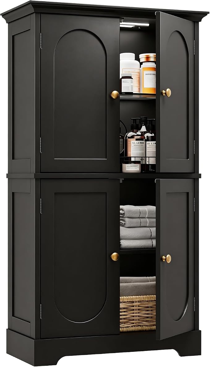 HAIOOU Bathroom Floor Cabinet with Motion Sensor Light, Classic Bathroom Storage Cabinet with Adjustable Glass Shelf, 4 Doors, Ample Storage for Hallway, Laundry Room, Living Room - Black