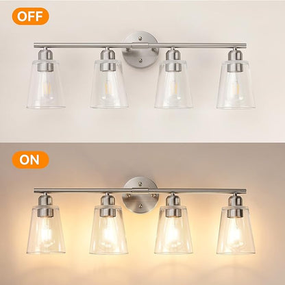 TALOYA 27 Inch Brushed Nickel Bathroom Light Fixtures with Thickend Clear Tapered Glass Shade, 4-Light Modern Vanity Light Over Mirror for Bathrooms, Bedrooms (Bulbs Not Included)
