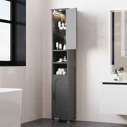 67" Tall Bathroom Storage Cabinet with Lights, Slim Narrow Bathroom Cabinet Organizer with Doors and Adjustable Shelves, Tall Cabinet for Small Space (66.9" Tall-Grey with Light)