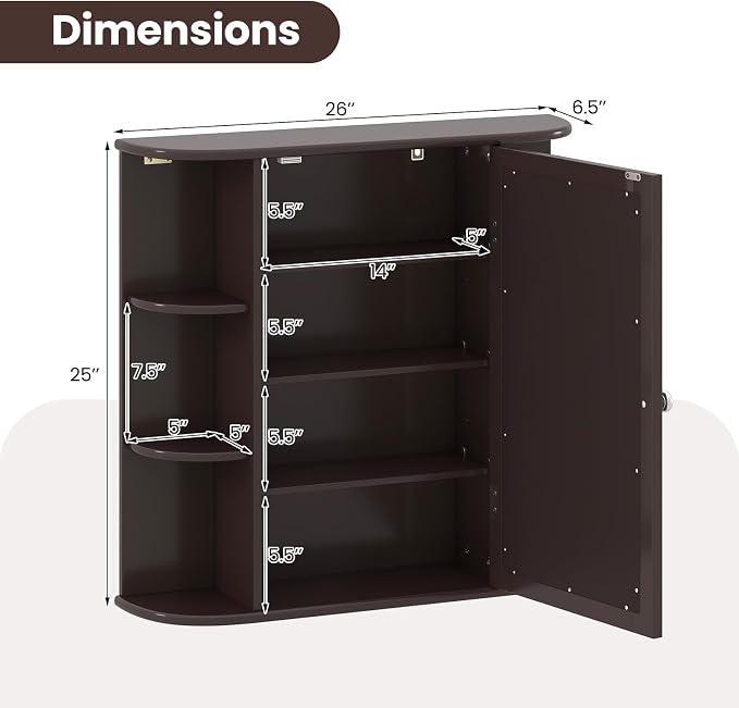 GIANTEX Bathroom Medicine Cabinet (Brown) | Wall Mounted Medicine Cabinet with Mirrored Door & 4 Interior Shelves, 6 Open Shelves, Space-saving Storage Cabinet