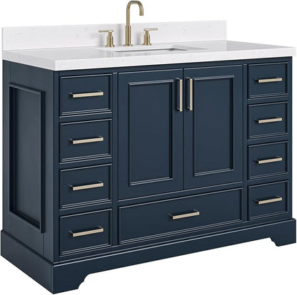 Langford 48-inch Midnight Blue Bathroom Vanity with Center Rectangle Single Sink, Carrara White Quartz Countertop & Backsplash, Solid Wood Frame, Soft-Closing & Dovetail Drawers