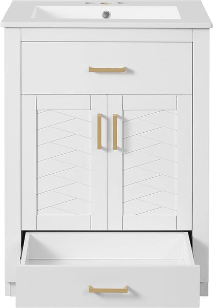 Merax Herringbone Single Sink Bathroom Vanity, Freestanding 24" Modern Bathroom Vanity Storage Cabinet with 2 Drawers and 2 Doors, Solid Wood Frame