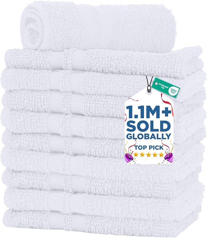 DAN RIVER 10 Pack Wash Cloths for Showering [11x11] - 100% Cotton Washcloths Premium Quality Flannel Face Cloths for Bathroom, Highly Absorbent and Soft Feel Wash Clothes, White