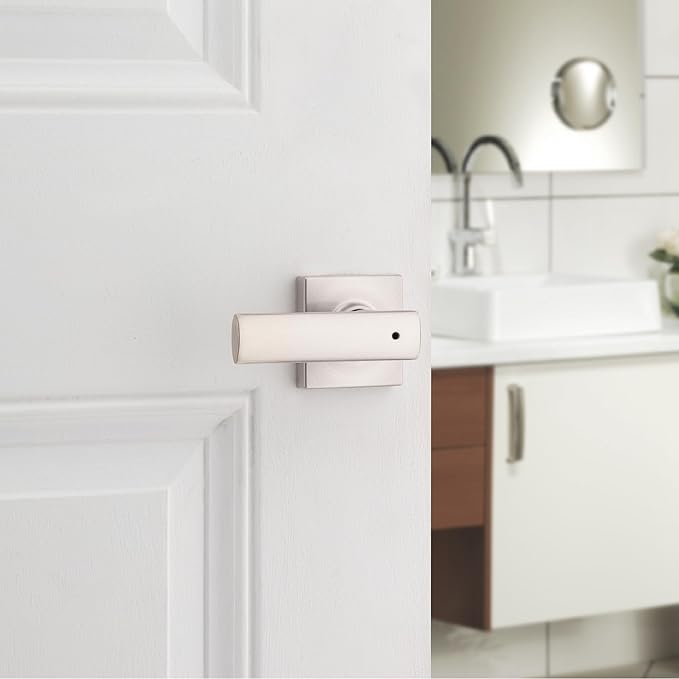 Kwikset Breton Interior Privacy Door Handle with Lock, Door Lever For Bathroom and Bedroom, Satin Nickel Reversible Keyless Turn Lock, with Microban Protection