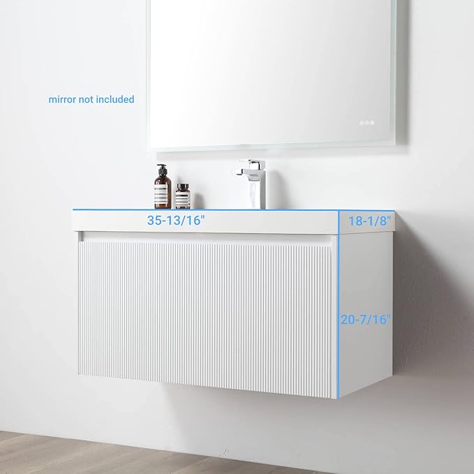 Blossom 36 Inch Bathroom Vanity with Sink | All Wood Wall Mounted Floating Vanity Cabinet with Acrylic Sink | Soft-Close Drawer | Modern Minimalist Style Vanities (36" w/Acrylic Basin, Matte White)