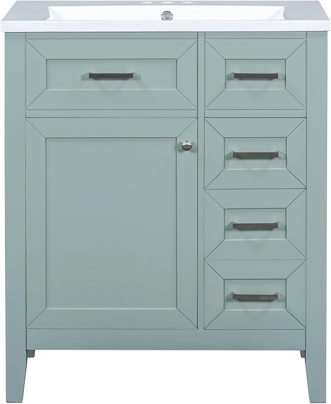 30 Inch Bathroom Vanities with Undermount Ceramic Sink, Storage Cabinet with Soft Closing Doors, Three Drawers and Organizer Rack Shelf, Solid Wood Frame, Green