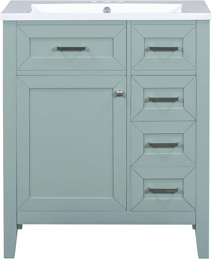 30 Inch Bathroom Vanities with Undermount Ceramic Sink, Storage Cabinet with Soft Closing Doors, Three Drawers and Organizer Rack Shelf, Solid Wood Frame, Green