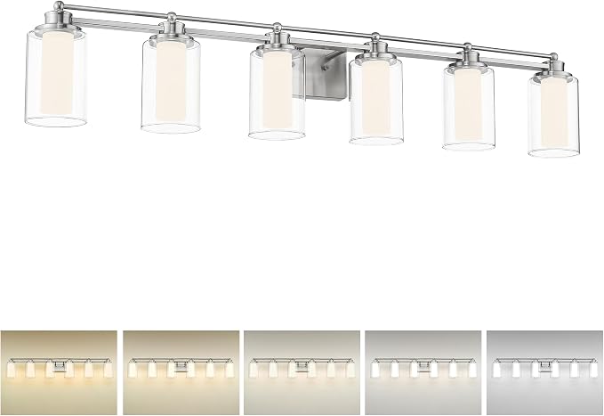 HWH 6-Light Bathroom Vanity Light, Clear Glass Shade, 5HLT63B-6W-LED BN | Dimmable, 5CCT, Brushed Nickel, 36W, Modern, Vanity Lights for Bathroom, Vanity Lights Over Mirror, Wall Lights, ETL Listed