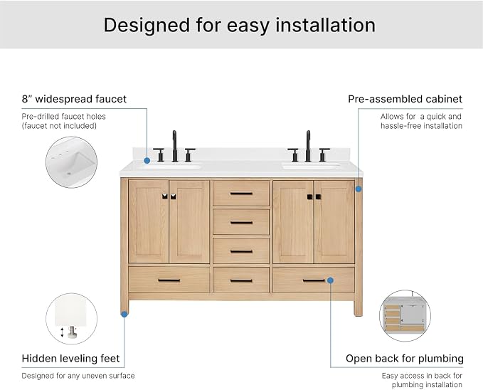 ARIEL Cambridge 60-inch Bathroom Vanity with Sink,Solid Wood, 1.5-inch Carrara White Quartz Countertop, Double Rectangular Porcelain Sink, 4 Soft Closing Doors, 6 Dovetail Drawers, White Oak