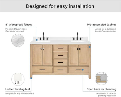 ARIEL Cambridge 60-inch Bathroom Vanity with Sink,Solid Wood, 1.5-inch Carrara White Quartz Countertop, Double Rectangular Porcelain Sink, 4 Soft Closing Doors, 6 Dovetail Drawers, White Oak