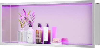 30X12 RGB Shower Niche Waterproof Brushed Nickel Stainless Steel LED Recessed Wall Niche for Shower, Tile-Ready Bathroom Wall Niche Light Kit with Remote Control