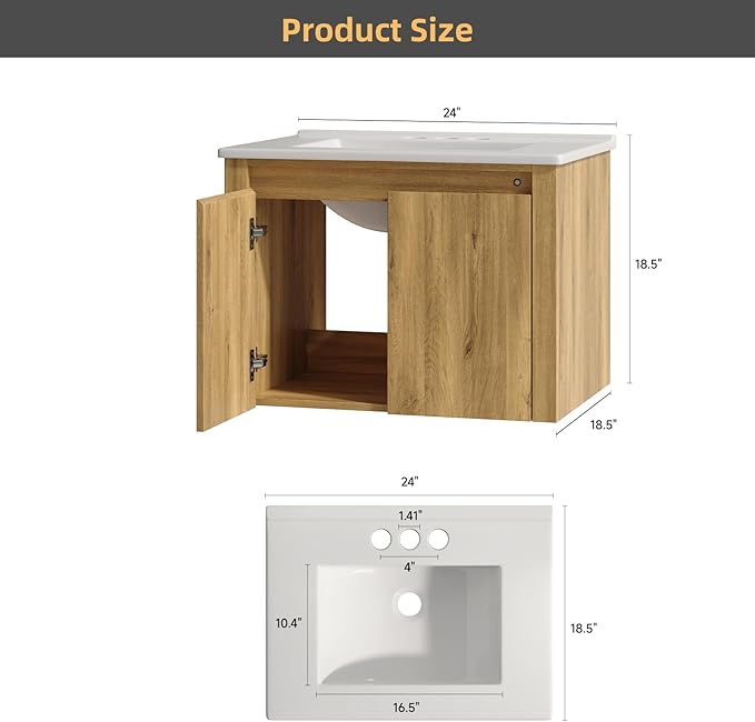 ONBRILL Farmhouse Bathroom Vanity, Floating Bathroom Vanities with Auto Motion Sensor LED Light, 3 Hole Integrated Ceramic Basin & Soft Closing Doors for Small Space, Hotel (24",Oak)