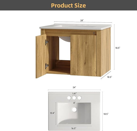 ONBRILL Farmhouse Bathroom Vanity, Floating Bathroom Vanities with Auto Motion Sensor LED Light, 3 Hole Integrated Ceramic Basin & Soft Closing Doors for Small Space, Hotel (24",Oak)