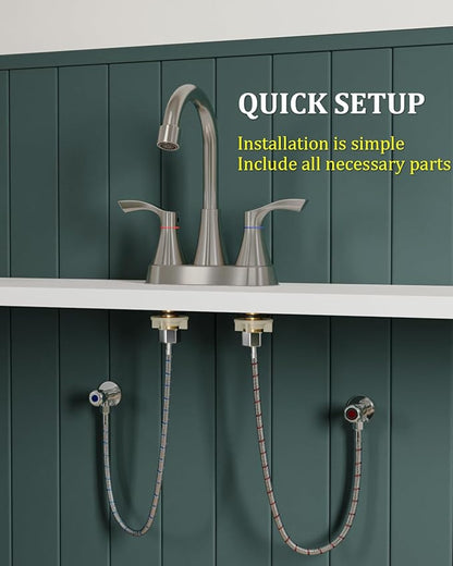 Brushed Nickel Bathroom Faucet 3 Hole, Evolvegoods 4 Inch Stainless Steel Bathroom Sink Faucet, 2 Handle Centerset Faucet for Bathroom Sink Vanity, with Pop Up Drain and 2 Supply Hoses