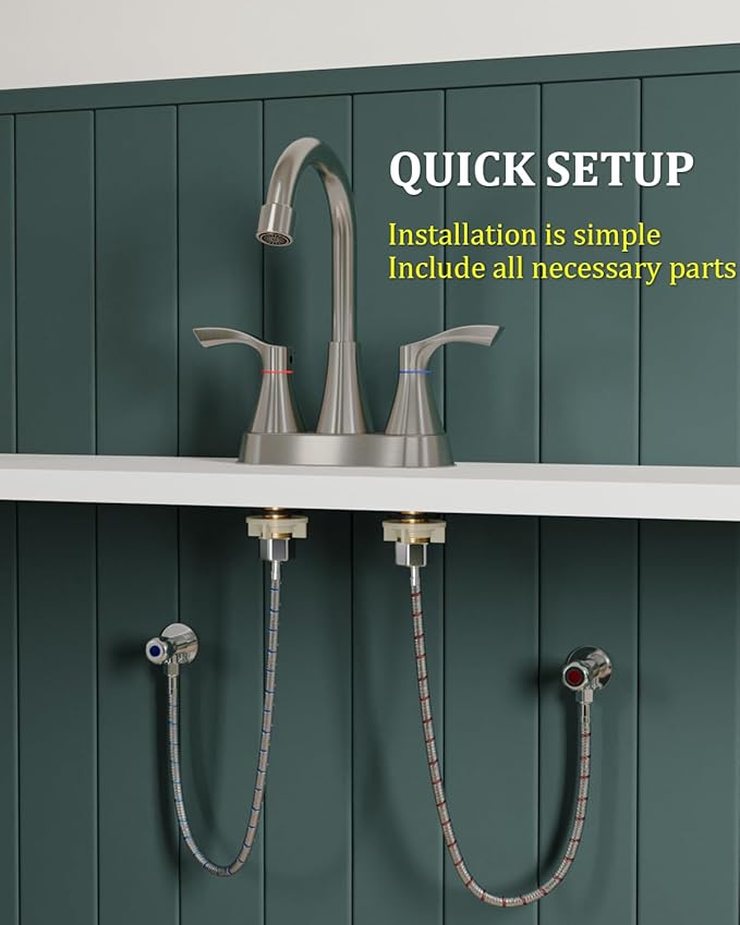 2 Pack Brushed Nickel Bathroom Faucet 3 Hole, Evolvegoods 4 Inch Stainless Steel Bathroom Sink Faucet, 2 Handle Centerset Faucet for Bathroom Sink Vanity, with Pop Up Drain and 2 Supply Hoses