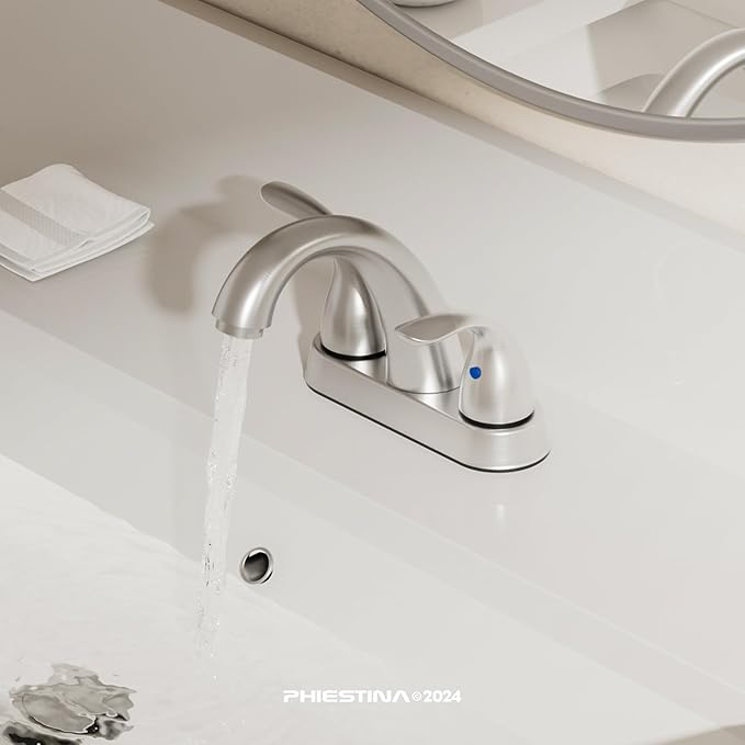 Phiestina Centerset 4 Inch Brushed Nickel 2 or 3 Holes Stainless Steel Bathroom Sink Faucet 2 Pack, 2 Handle Bathroom Faucet with Copper Pop Up Drain and Water Supply Lines, BF008-5-BN-2PACK