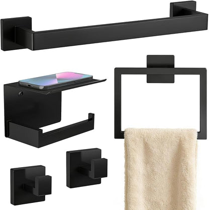 STWWO 5-Piece Matte Black Bathroom Accessories Hardware Set | Stainless Steel Towel Racks for Bathroom, 16 Inch Bath Towel Bar Set Wall Mounted