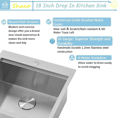 18x18 Inch Drop In Bar Sink,18 Inch Small Kitchen Sink,Stainless Steel 16 Gauge Single Bowl Outdoor Laundry Prep RV Sink with Strainer Drain, Brushed Nickel